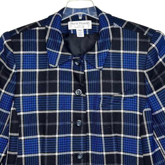 Y2K Rena Rowan Wool Tartan Plaid Button Blazer Size 18W Blue Black Shoulder Pads - Picture 5 of 16